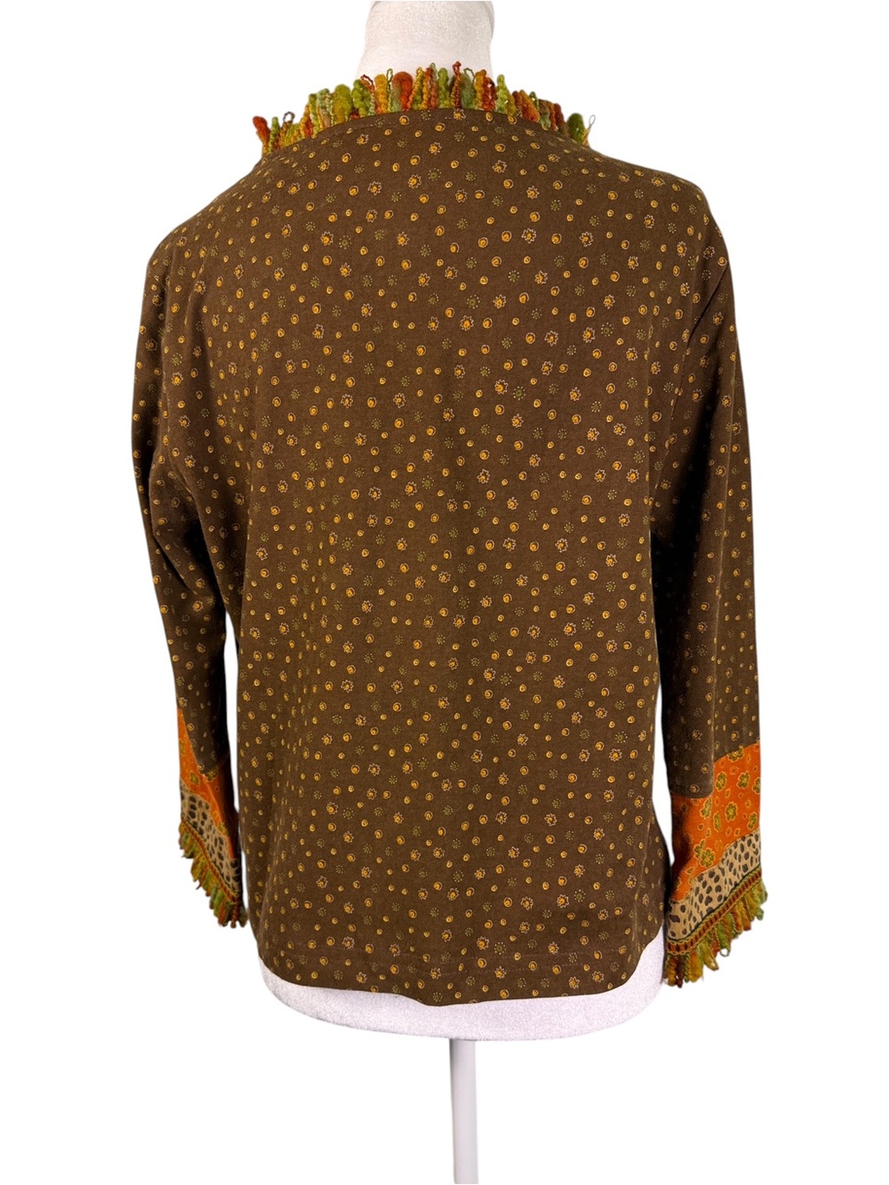 F.L. Malik Boho Mixed Print Fringe Trim Top Brown Orange Green M - Picture 4 of 10
